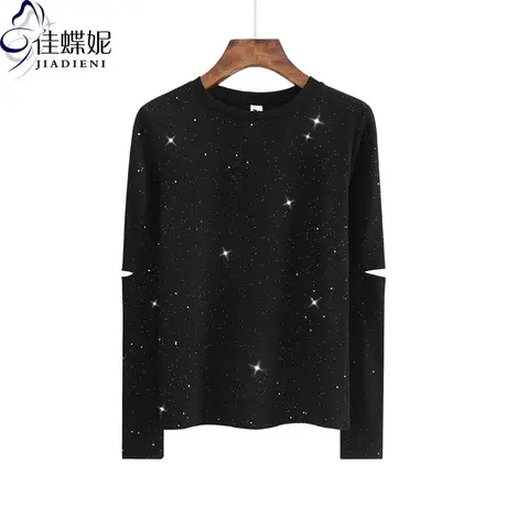 春秋星空圆领纯棉亮片闪闪长袖体恤上衣女打底衫修身显瘦纯色简约图片