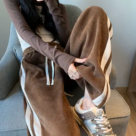 灯芯绒裤子女秋冬撞色小众设计感复古宽松显瘦高腰垂感休闲阔腿裤商品大图