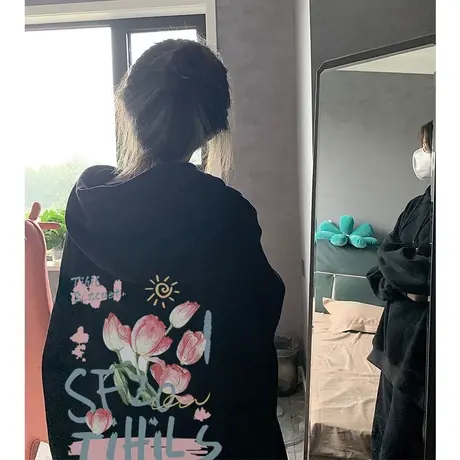 奶甜艺术生连帽卫衣女薄款早秋小个子宽松慵懒风oversize落肩外套图片