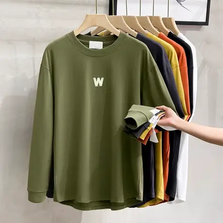 重磅纯棉男士t恤长袖圆领宽松春秋季潮流上衣厚实内搭打底衫全棉商品大图