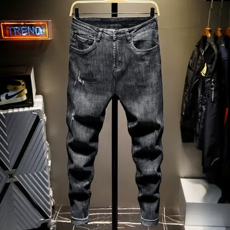 夏季潮牌黑色牛仔长裤男士高端破洞韩版潮流百搭新款修身小脚裤子商品大图