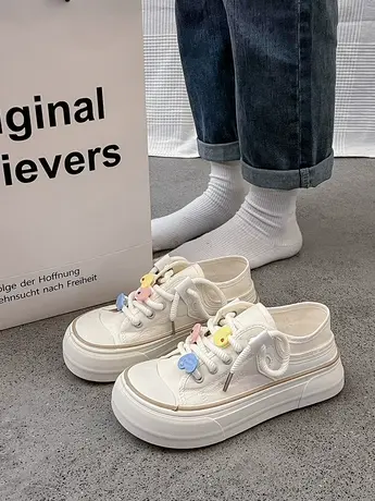 韩版原创半拖帆布鞋女2023春秋新款网红透气百搭休闲丑萌小白板鞋商品大图