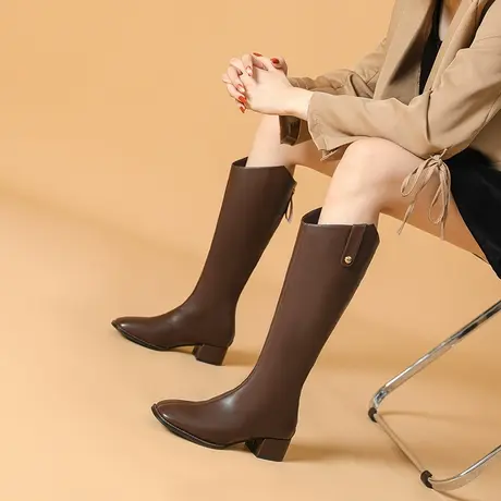 不过膝骑士靴女2022年秋冬季新款显瘦棕色长靴性感尖头小个子长靴商品大图