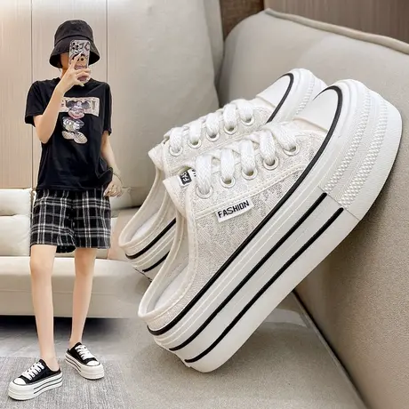 包头半拖鞋女新款夏季2023内增高外穿厚底鞋拖半托小白鞋网面凉拖商品大图