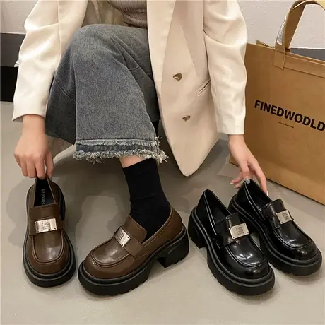 英伦风厚底小皮鞋女2024春季新款JK制服单鞋金属扣乐福鞋松糕底图片