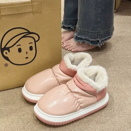 加绒加厚棉拖鞋女冬季外穿家居皮面防水防滑厚底保暖高帮包跟棉鞋商品大图