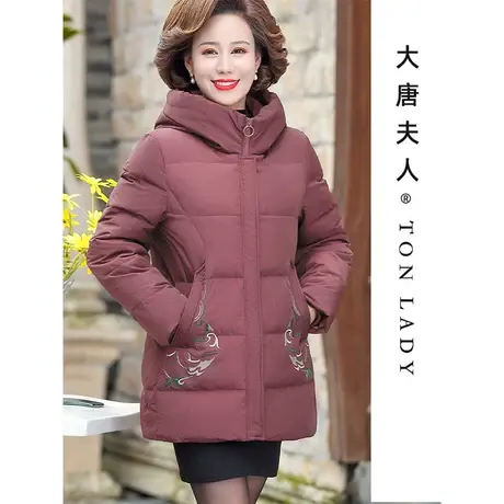 妈妈穿的冬装外套加绒棉服中长款加厚中老年妇女秋冬连帽棉袄绣花商品大图