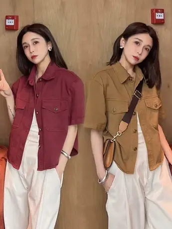 美式欧货翻领短款牛仔衬衣外套女夏2023新款宽松小个子短袖衬衫潮商品大图