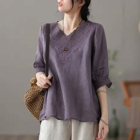 dza 复古薄款苎麻上衣女士夏季新款宽松V领短袖衬衫气质棉麻衬衣图片