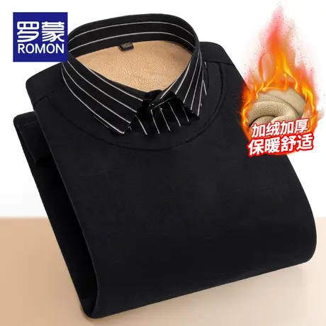罗蒙假两件毛衣男士衬衫领2023新款加绒加厚宽松秋冬季保暖针织衫商品大图