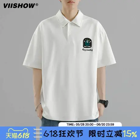 VIISHOW潮牌趣味卡通刺绣POLO衫短袖男生美式复古简约宽松翻领T恤商品大图