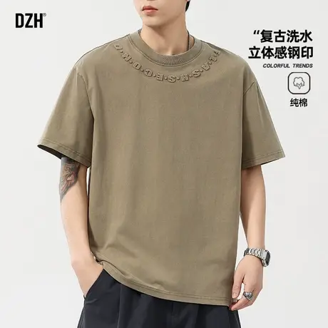 男士卡其色短袖男纯棉美拉德废土风穿搭衣服做旧水洗t恤美式复古商品大图