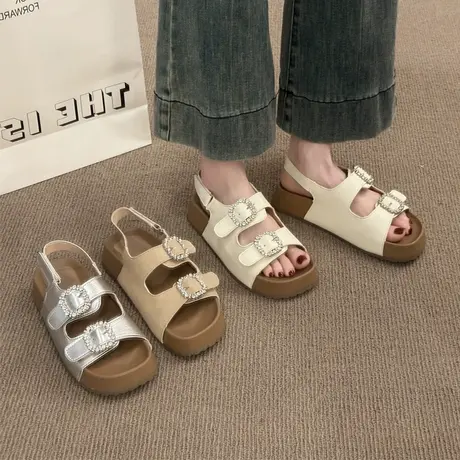 勃肯凉鞋女款2025新款夏季女鞋法式水钻配裙子休闲厚底沙滩罗马鞋图片