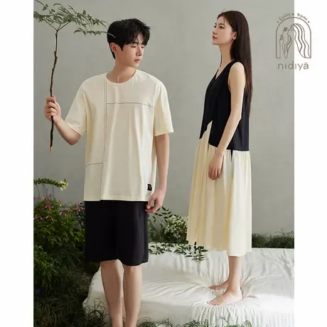 妮狄娅夏季薄款情侣睡衣女纯棉宽松背心裙男简约可外穿家居服套装商品大图