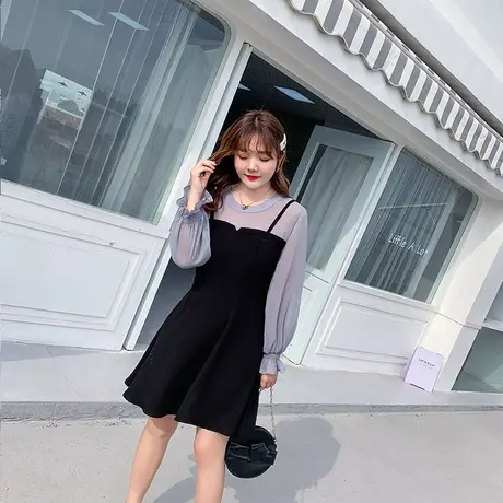 2023胖妹妹夏装新款轻熟风拼接撞色长袖雪纺黑色假两件大码连衣裙图片