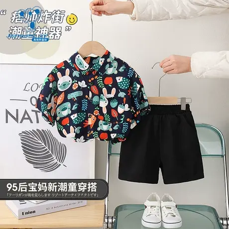 GD真维斯童装夏季款 卡通可爱男童印花衬衫短裤儿童套装男图片