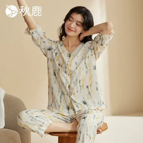 秋鹿【超柔软】睡衣女2025春秋新款七分袖V领印花可外穿家居服商品大图