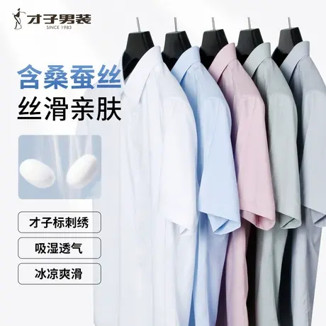 LOGO刺绣才子男装凉爽丝滑桑蚕丝衬衫男士透气夏季新款短袖衬衣男商品大图