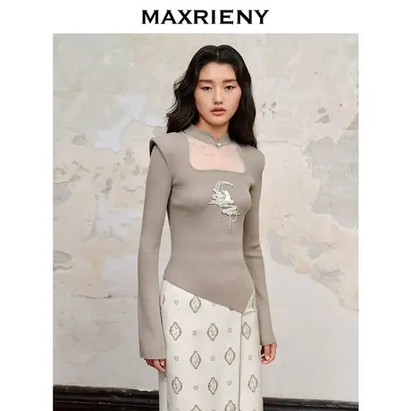 【商场同款】MAXRIENY仙美国风新中式套头针织23秋冬修身垫肩上衣图片