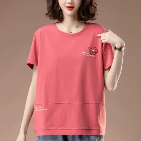 夏季新款短袖T恤女加肥加大码女装宽松中年妈妈纯棉刺绣显瘦体恤图片