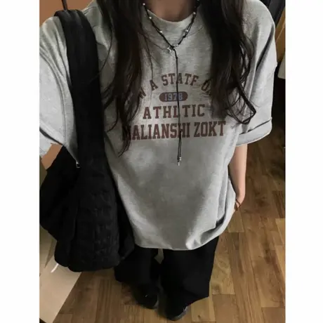 爆款纯棉美式复古落肩短袖t恤女2025新款欧货设计感小众宽松上衣商品大图