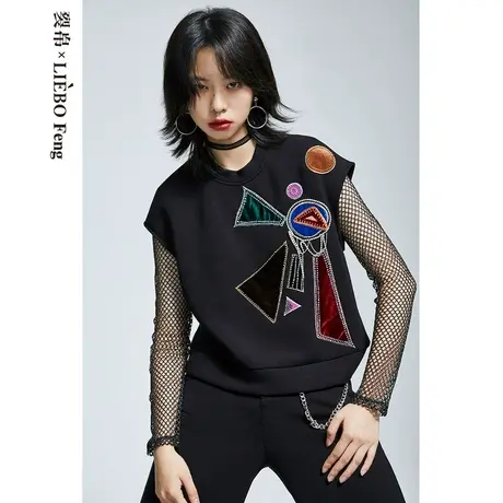 裂帛LIEBOFeng设计师2023年立体刺绣运动卫衣套装无袖黑色套装女图片