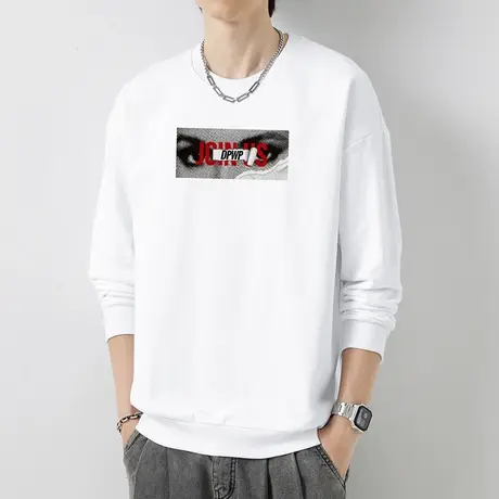 重磅纯棉白色卫衣男2023新款摇粒绒无帽上衣宽松潮流圆领长袖t恤商品大图