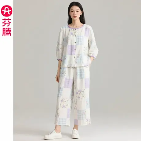 芬腾女士睡衣夏季薄款中袖开衫套装女款休闲大码可外穿透气家居服商品大图
