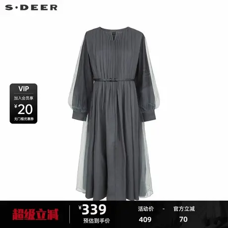 sdeer圣迪奥女装V领风琴褶收腰网纱连衣裙S233Z12AY图片