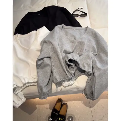 收腰下摆长袖卫衣女秋季百搭宽松显瘦韩版设计感小众V领套头上衣商品大图