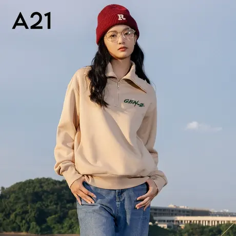 A21女装半开领针织宽松翻领落肩加绒长袖衫休闲百搭时尚套头卫衣商品大图