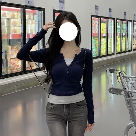 2025新款韩系假两件修身撞色长袖女纯欲辣妹螺纹高腰T恤百搭上衣商品大图