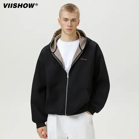 VIISHOW千鸟格撞色内里连帽卫衣男秋季短宽潮牌拉链开衫夹克外套商品大图
