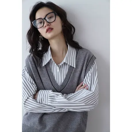 嘉茱莉2023早秋新款针织马甲女V领套头针织上衣无袖马甲背心高弹商品大图