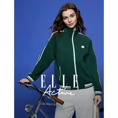 ELLE Active户外穿搭绿色运动外套女立领上衣休闲拉链棒球服潮搭商品大图
