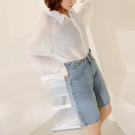 桔熊夏季牛仔裤子女设计感高腰磨白宽松五分裤胖妹妹大码BA6820图片