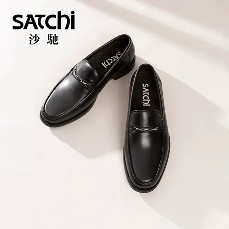 沙驰男鞋男士皮鞋男款休闲一脚蹬轻底舒适上班皮鞋套脚黑色单鞋软商品大图