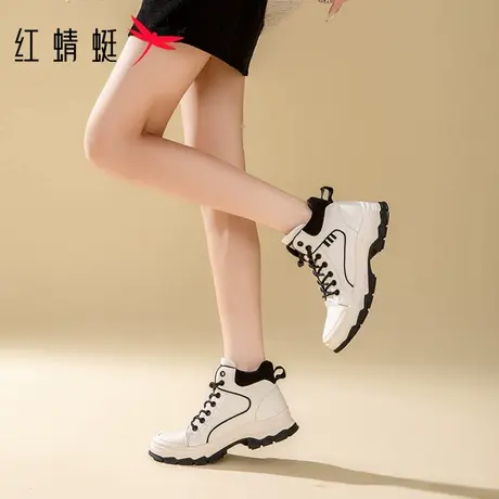 红蜻蜓秋冬新款高帮鞋加绒保暖棉鞋舒服短靴休闲靴子女工装登山鞋图片