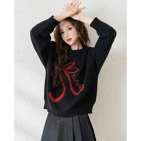 唐狮新款毛衣女圆领前胸蝴蝶结女士套头百搭休闲毛线衫毛衣TE商品大图