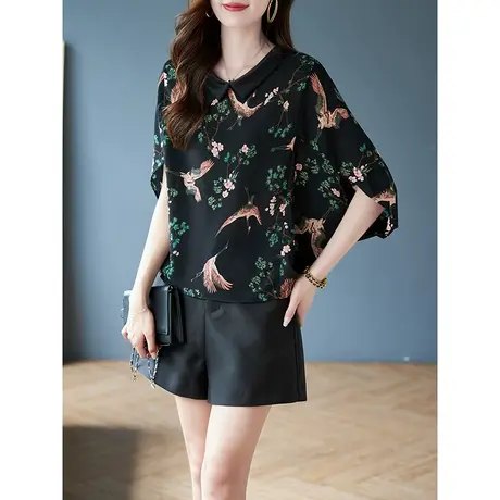 宝诗黎翻领五分蝙蝠袖套头衬衣女夏季2023新款大码宽松印花雪纺衫商品大图