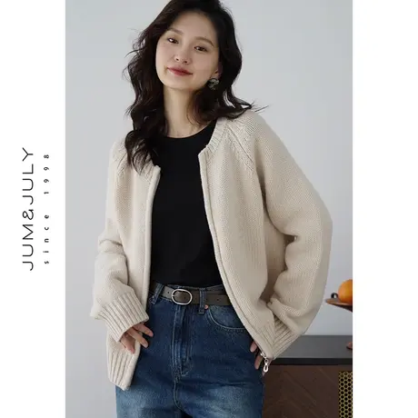 嘉茱莉2023秋冬新款拉链开衫毛衣外套女短款宽松针织开衫1OO羊毛图片