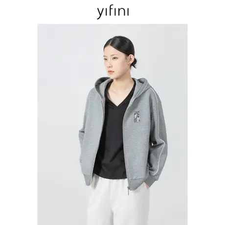 Yifini/易菲宽松短款连帽外套女2023秋冬新款百搭棒球服休闲外套图片