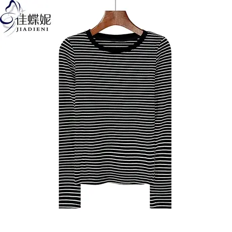 秋冬新款圆领撞色拼接条纹纯棉修身显瘦长袖体恤上衣内搭女打底衫商品大图