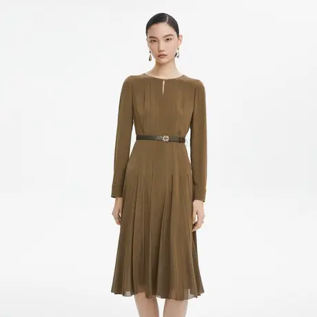 LANCY/朗姿高级显瘦秋季新款长袖收腰百褶中长款连衣裙子女商品大图