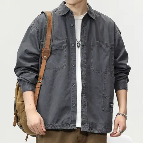 纯棉工装衬衫外套潮流衬衫长袖男士美式翻领休闲百搭潮流外套男装图片