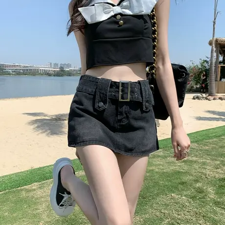 牛仔半身短裙女夏季2023年新款港风辣妹裙裤高腰显瘦包臀短裤裙子图片