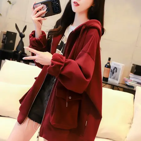 加绒加厚连帽卫衣开衫女2023新款秋冬宽松慵懒风百搭oversize外套图片