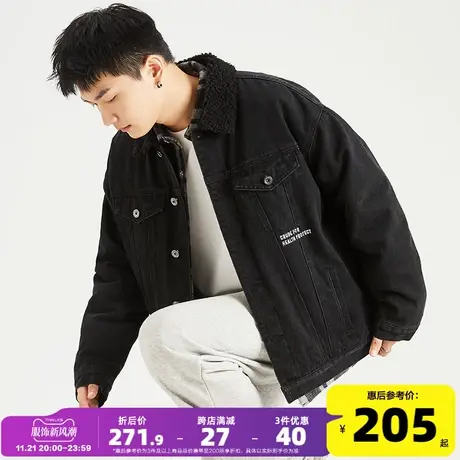 唐狮2023冬季新款牛仔外套男加绒加厚仿羊羔绒男黑色牛仔衣厚外套商品大图