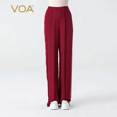 VOA桑蚕丝乔其酒红色自然腰口袋褶皱百搭通勤双层真丝直筒裤女图片