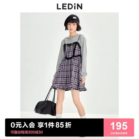 乐町格纹假两件连衣裙2023春季小个子复古风拼接卫衣裙裙子商品大图